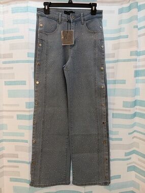 Women’s Light Blue Wide-Leg Jeans with Crystal Detail